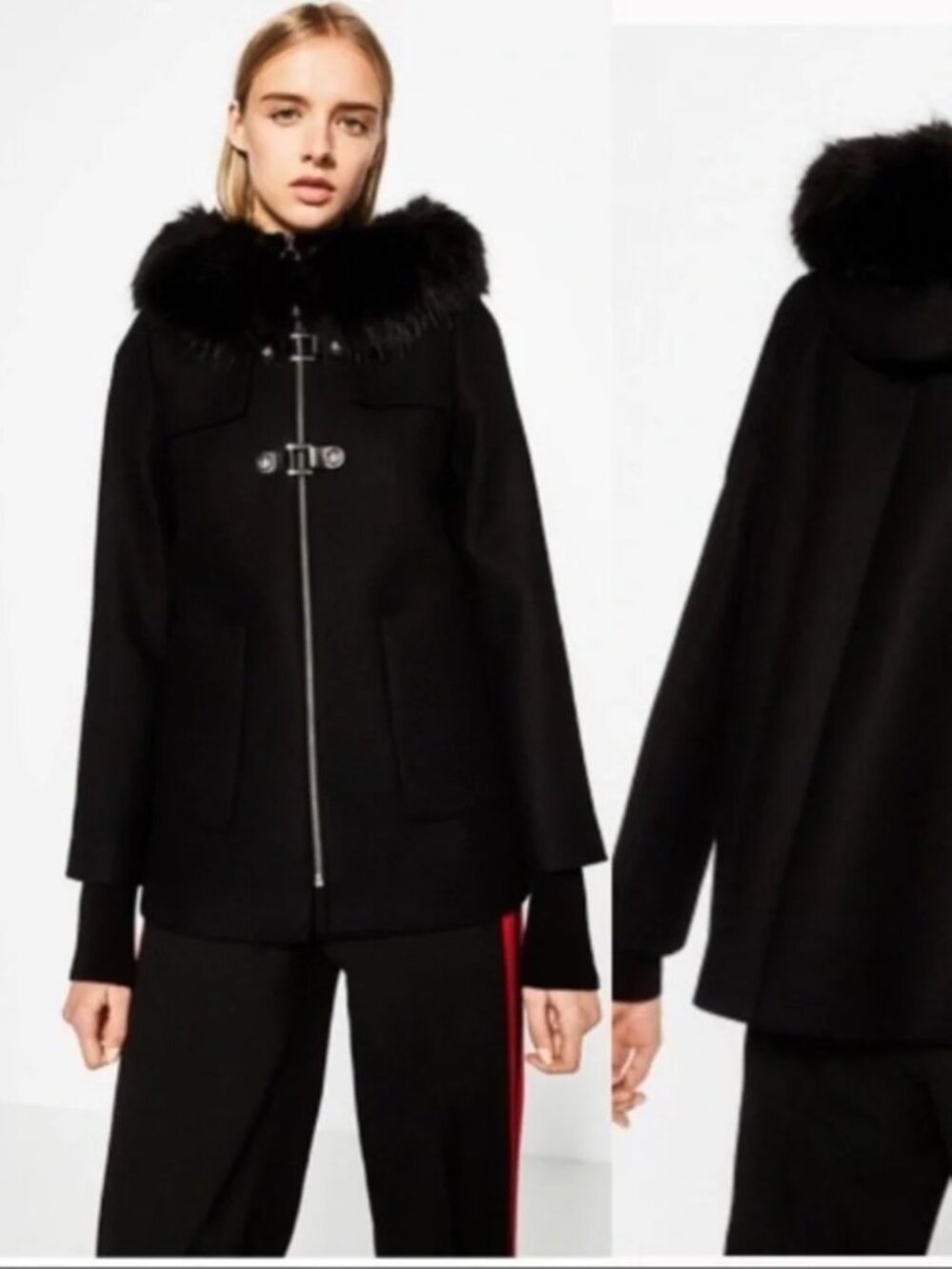 Stunning ZARA Black Wool Coat Faux-Fur Hood XS